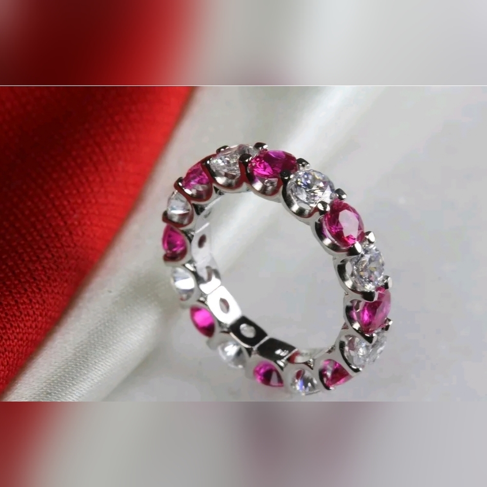 2.89Ct Round Hot Pink CZ Eternity Ring Engagement Bridal Wedding Jewelry